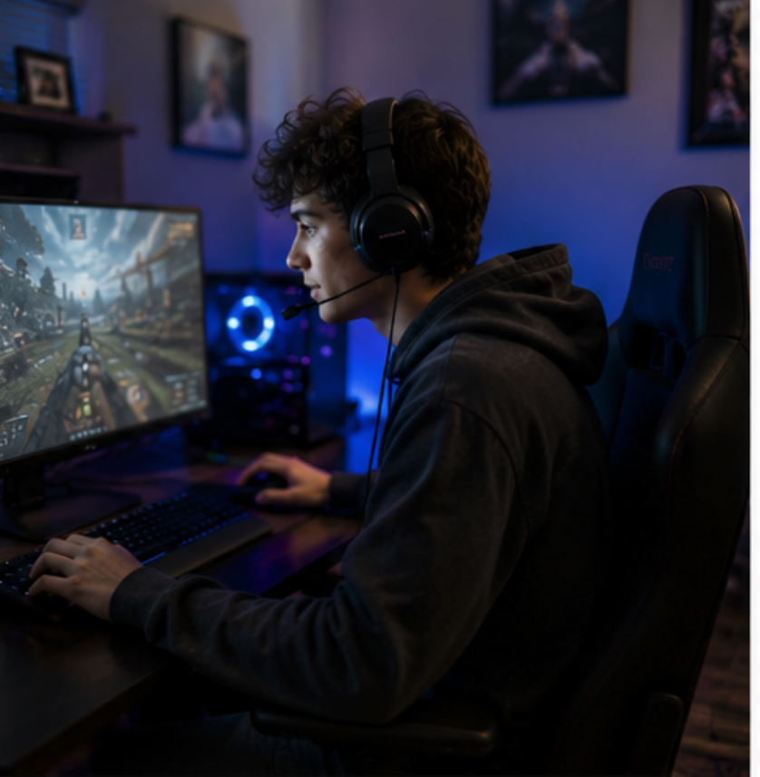 A teenager at a gaming setup with headphones
