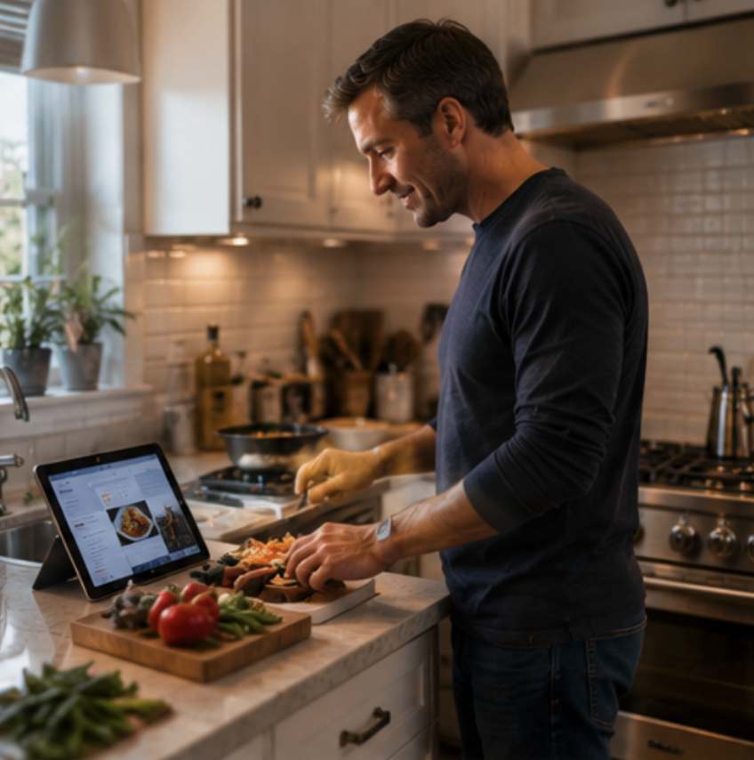 A man cooking in the kitchen with a tablet for recipes