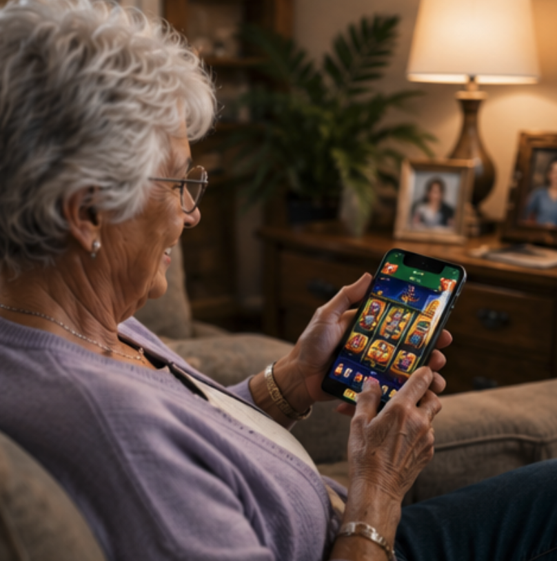 An older woman engrossed in a casino app on her phone