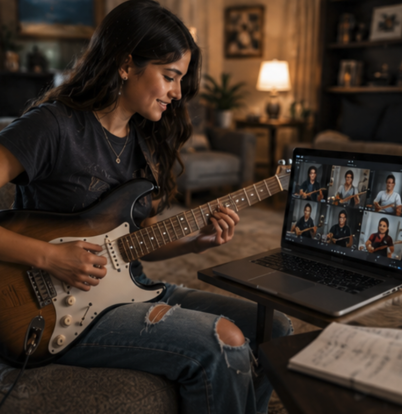 A young woman taking an online guitar lesson over video
