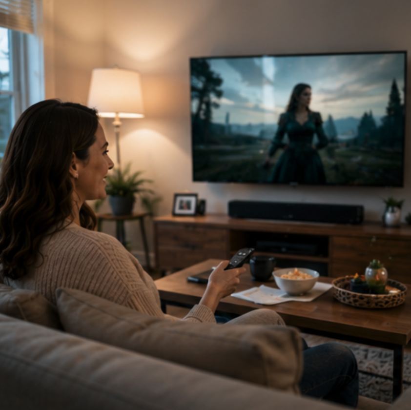 A woman watching the new season in 4K HDR
