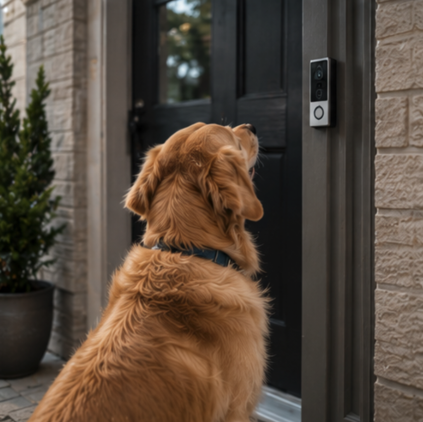 A golden retriever at the front door with a smart doorbell camera